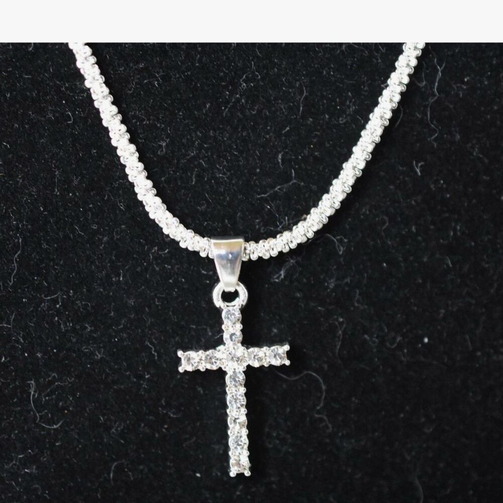 Elegant 925 Sterling Silver CZ Cross Dainty Rope Chain 15"(3" Extension)Necklace